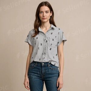Jane + Delancey Black and White French Bulldog Print Button-Down Shirt